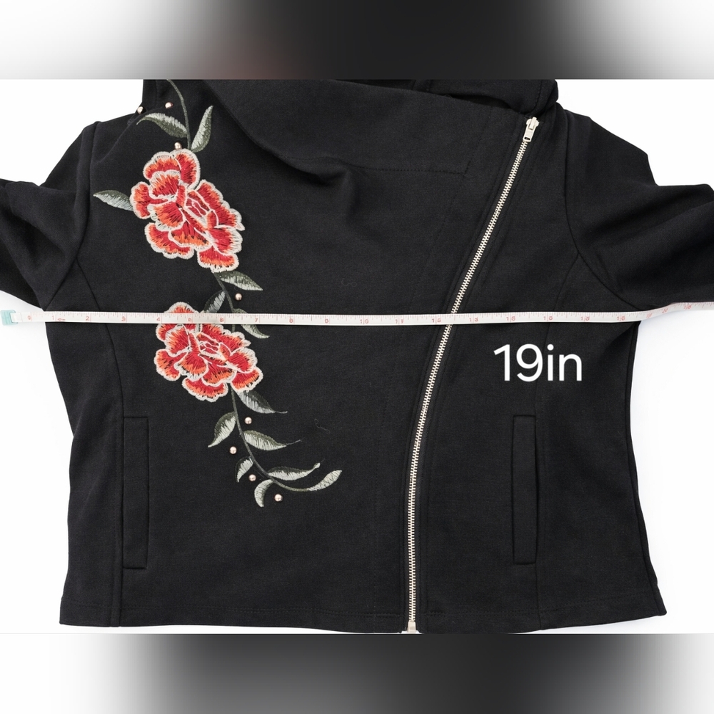 W5 (Anthropologie) Med Black Embroidered Moto Jacket Asymmetrical Zip - Picture 7 of 10